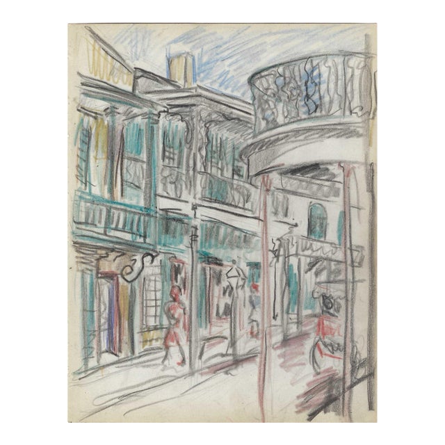 1940s Grace Spongberg New Orleans French Quarter Chartres Street Drawing For Sale
