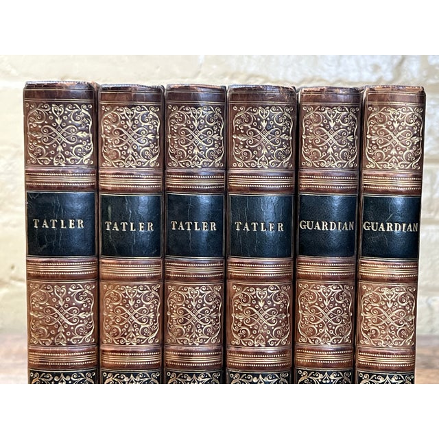 English Stunning 1822 Antique Leather Bound Book Set the Tatler & the Guardian Ornate Gold Gilt Spines Georgian English Literature Home Decor For Sale - Image 3 of 11