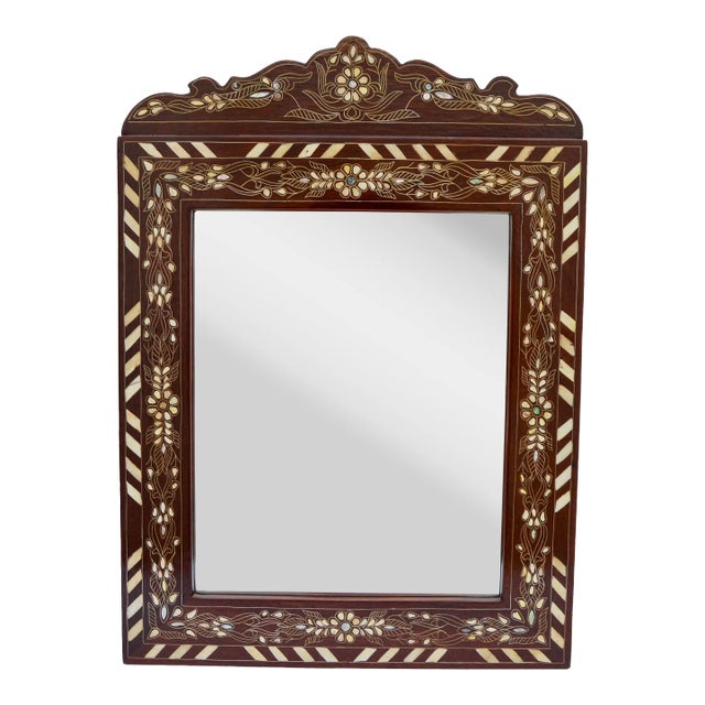 Vintage Moorish-Marquetry Mother-Of-Pearl Adorned Accent Mirror For Sale