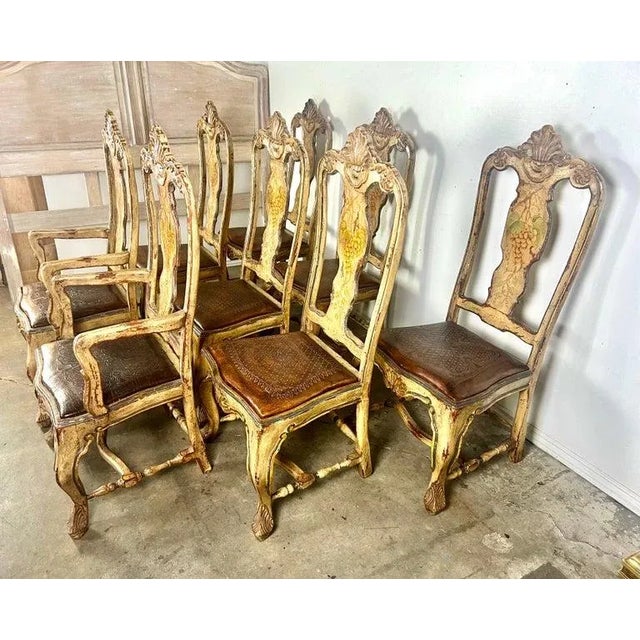 French Provincial (8) French Provincial Hand Painted Dining Chairs W/ Leather Embossed Seats For Sale - Image 3 of 12