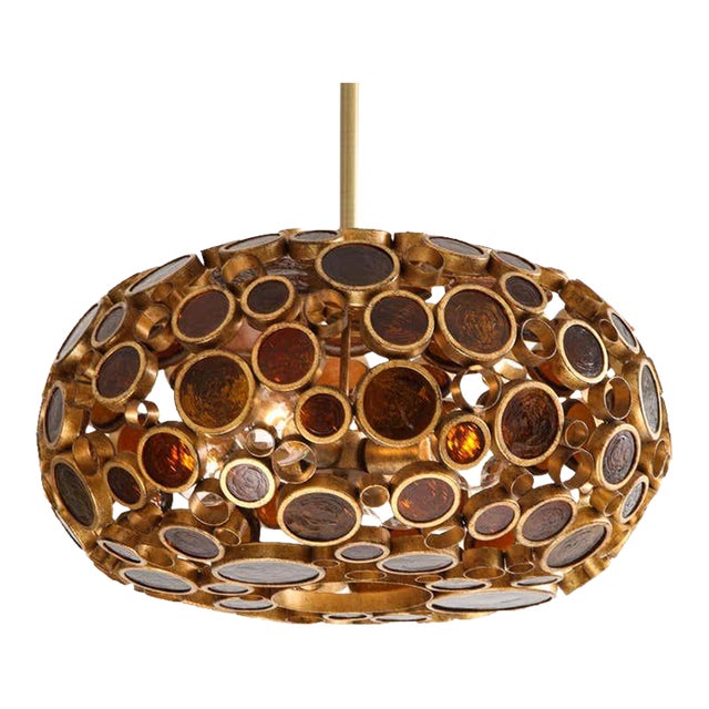 Brass and Amber Glass Disc Pendant Light, Mid-Century Modern Inspired For Sale