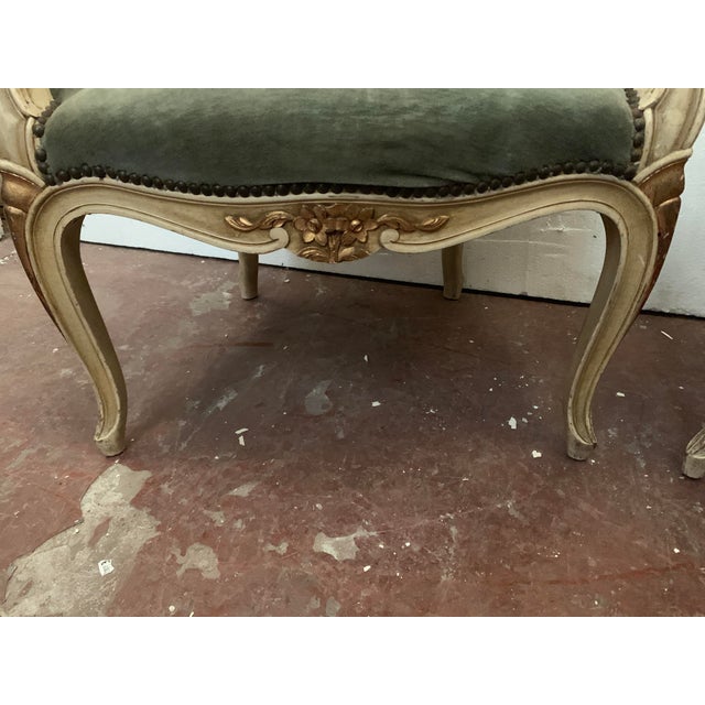 Pair of louis xv style cabriolet armchairs cream patinated beechwood frame green velvet seat and back cabriole legs carved...