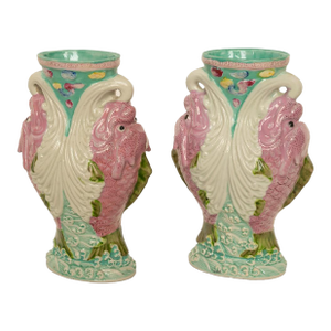 Pair Antique Chinese Qing Dynasty Wucai Glaze Porcelain Double Dragon Fish Vases, 1890