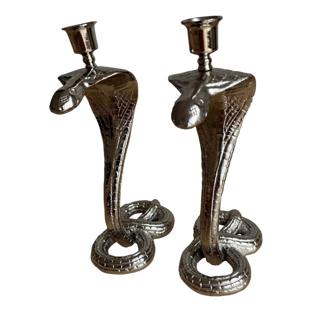 1930s Egyptian Revival Bronze Candlesticks/Taper Candle Holders, Newly Nickel Plated – Exquisitely Detailed Sculptural Pair For Sale