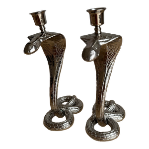 1930s Egyptian Revival Bronze Candlesticks/Taper Candle Holders, Newly Nickel Plated – Exquisitely Detailed Sculptural Pair