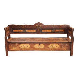 Antique Late 1800s Eastern European Storage Bench With Original Paint For Sale