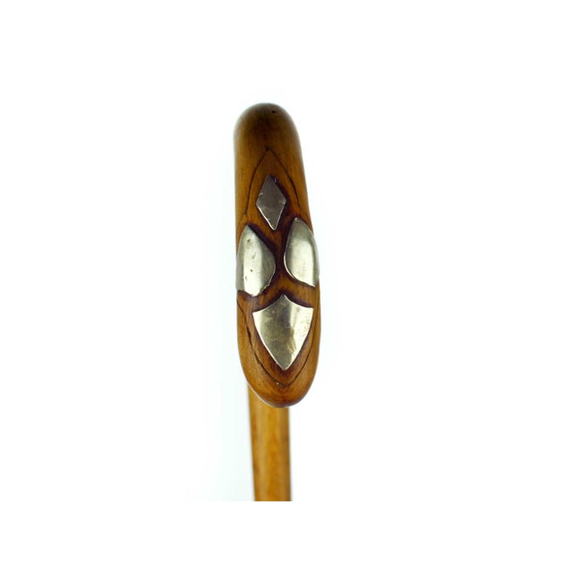 Victorian Antique Hand-Carved Hardwood Gentleman Walking Cane With Inlaid Silver Motifs For Sale - Image 3 of 6