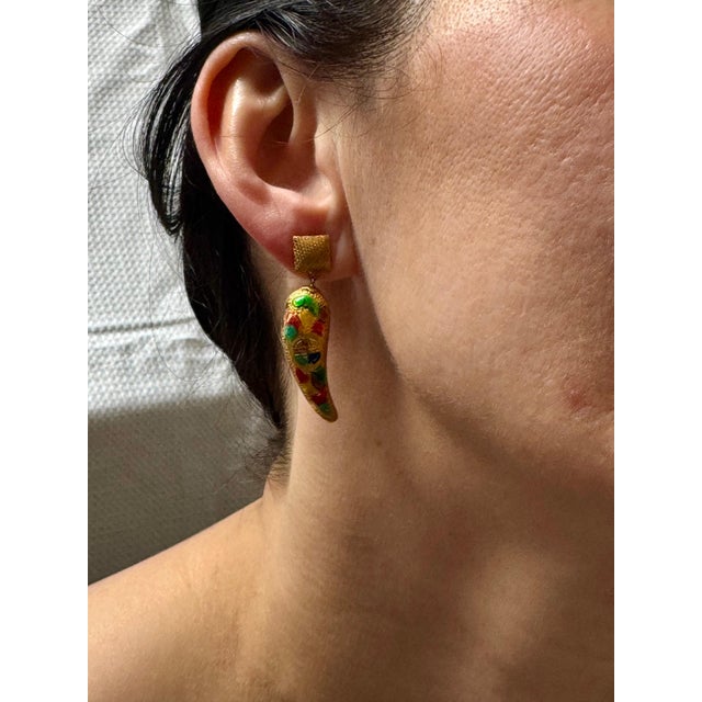 Vintage Enemel 14 Kt Yellow Gold 10.4 Gm Dangling Earrings, 1.6 Inch Long For Sale - Image 10 of 18