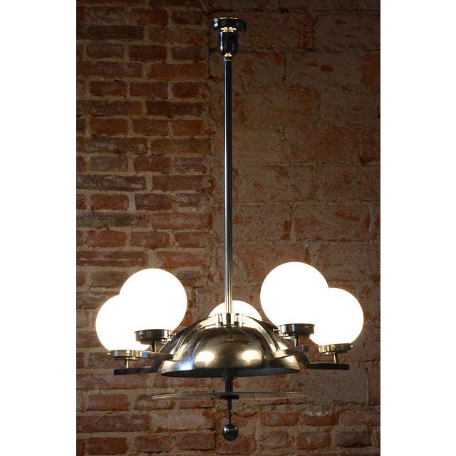 Bauhaus Chandelier in Chrome-Plated Steel and Opaline Glass, Czech, 1930s For Sale - Image 9 of 11