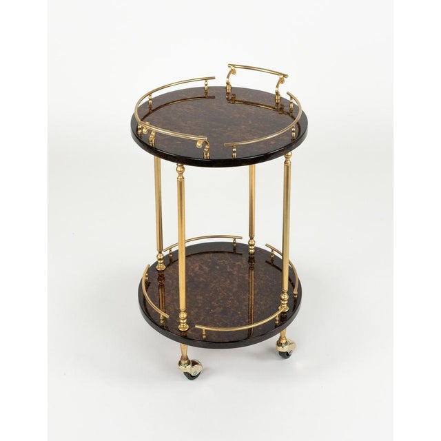 Mid-Century Modern Mid-Century Modern Serving Bar Cart in Goatskin and Brass by Aldo Tura, 1960s For Sale - Image 3 of 17