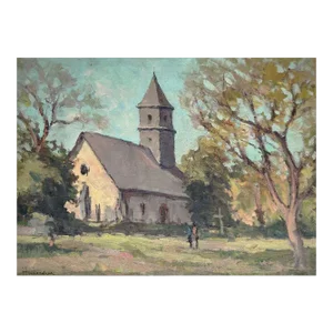 1930s Narcisse Henocque Countryside Church in Normandy 1930