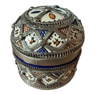 Moroccan Tea Caddy Jar With Silver Overlay For Sale