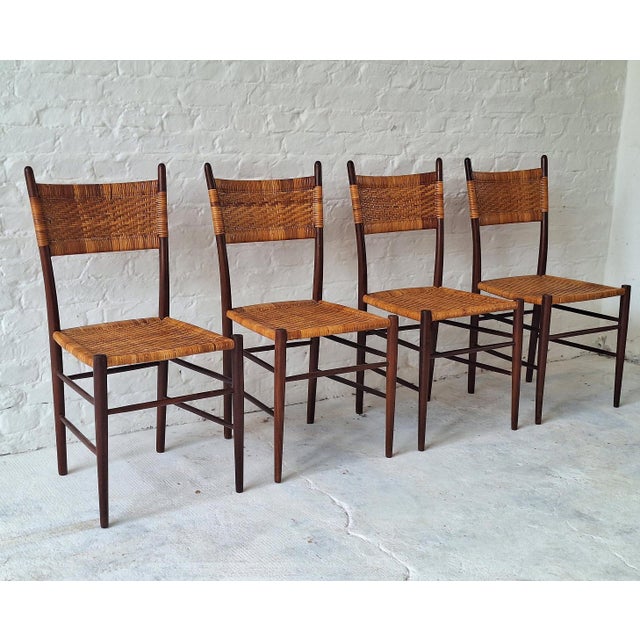 Teak Dining Chairs with Patinated Cane Seats and Backs after Gio Ponti, Italy, 1950s, Set of 4 For Sale - Image 11 of 16