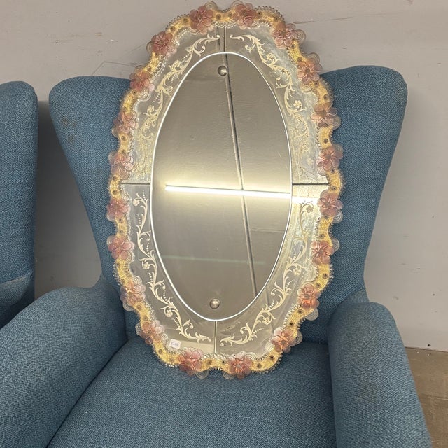 Mid-Century Modern Oval Murano Glass Mirror with Pink Flowers, 1950s For Sale - Image 10 of 11