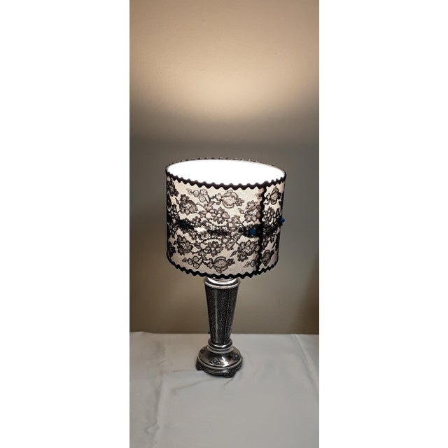 Black Antique Table Lamp with Silver-Plated Filigree Metal Frame and Turquoise Inserts, 1890s For Sale - Image 8 of 11