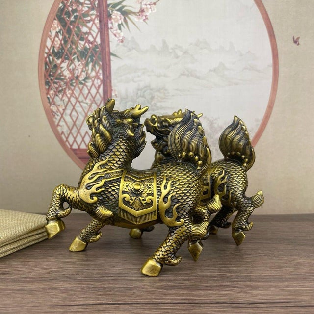 Traditional Pair of Gilt Bronze Qilin Statues – 5.1" Mythical Beast Figures With Scale Detail For Sale - Image 3 of 8