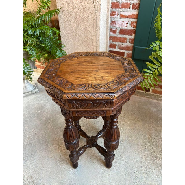 Brown Petite Antique French Octagon Side Table Renaissance Carved Oak C1900 For Sale - Image 8 of 12