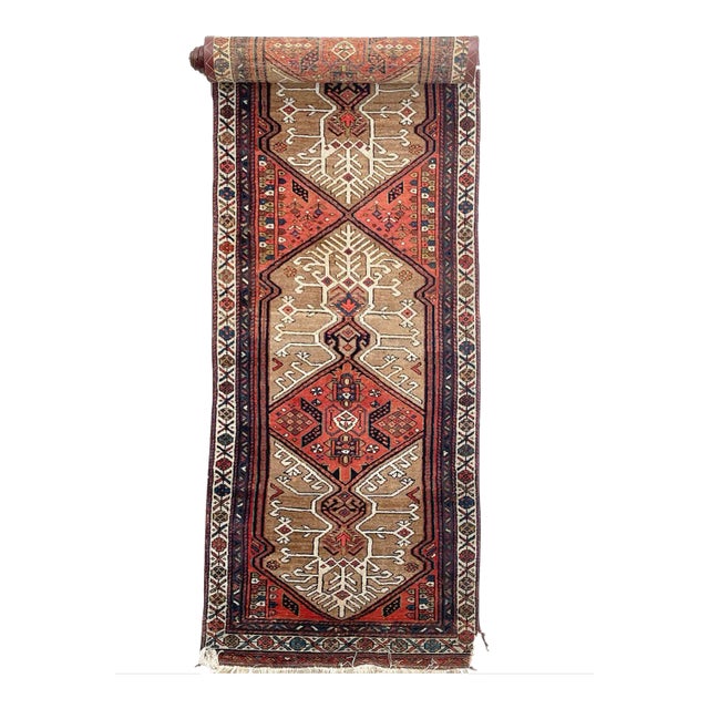1920's Camel Hair Terracotta, Blue, Camel, Beige & Lime Green Runner Rug 3.4 X 16.3 For Sale