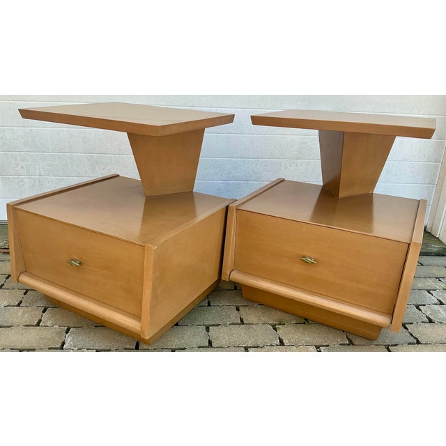 Fabulous pair of space age one drawer nightstands by Mendel furniture. Original blond finish and hardware.