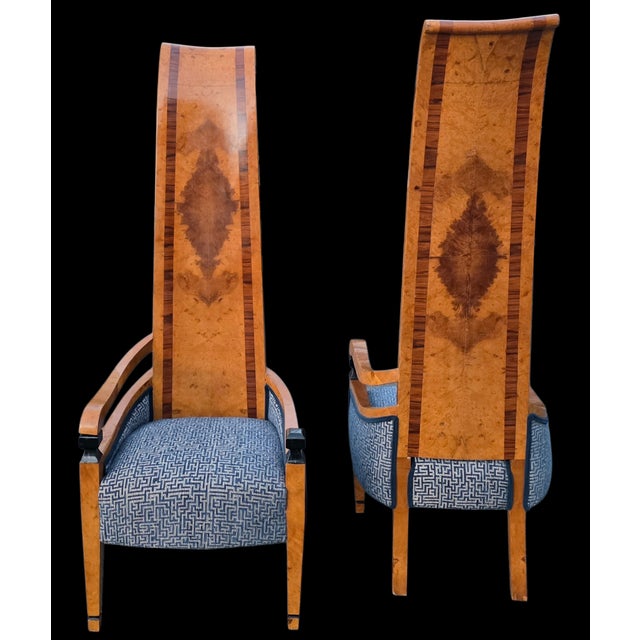 Pair of Vintage Art Deco Style Burl Right/Left High Back Chairs For Sale - Image 4 of 14