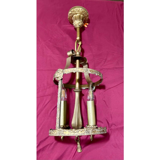 This is an absolutely gorgeous, bronze ceiling lantern (indoor or outdoor), Circa early 1800’s. Highly detailed with two...