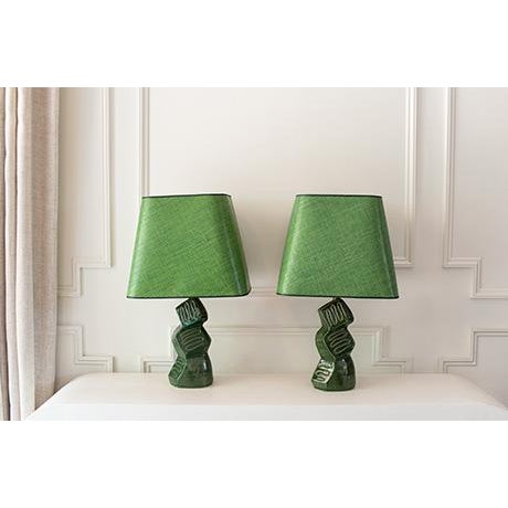Bold pair of Mid-Century Modern ceramic lamps, from the late 1950s or early 1960s, showcases a sculptural, stacked...