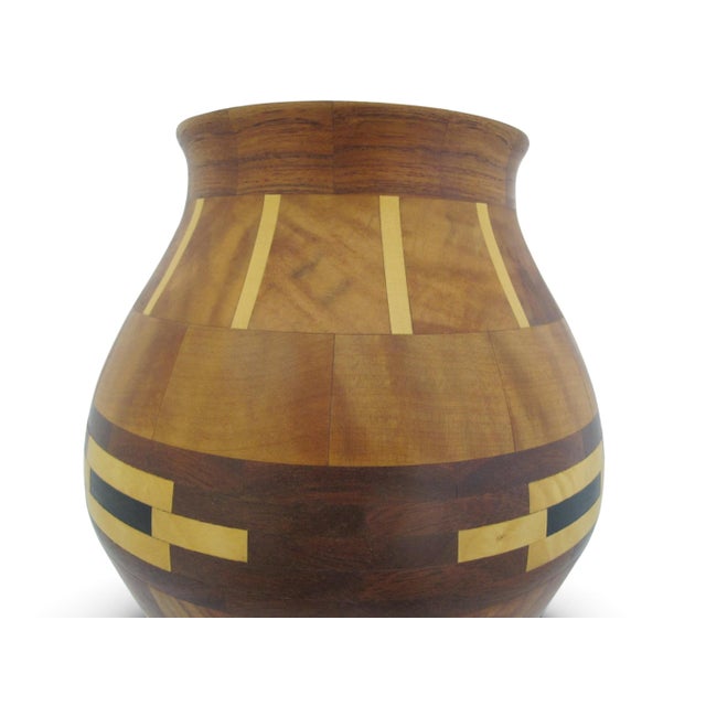 Pacific Nw Hand Turned Segmented Southwest Geometric Inlaid Wood Vase For Sale - Image 4 of 11