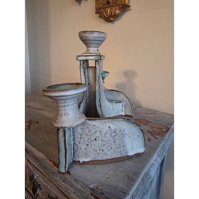 Off-white Mid Century Stoneware and Turquoise Candelabra For Sale - Image 8 of 13
