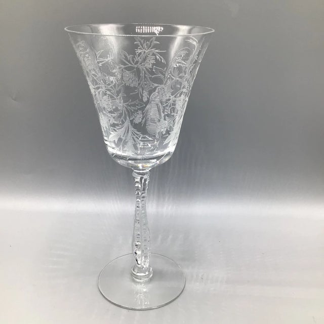 Hollywood Regency Etched Fostoria Heather Crystal Water Goblets-Set of 6 For Sale - Image 3 of 13