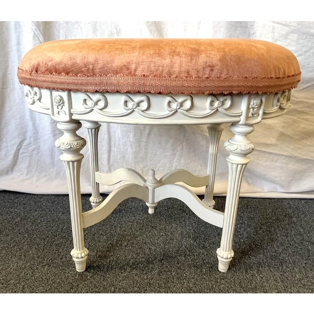 Shabby Chic Vintage French Oval Vanity Stool With New Velvet Upholstery For Sale - Image 3 of 12