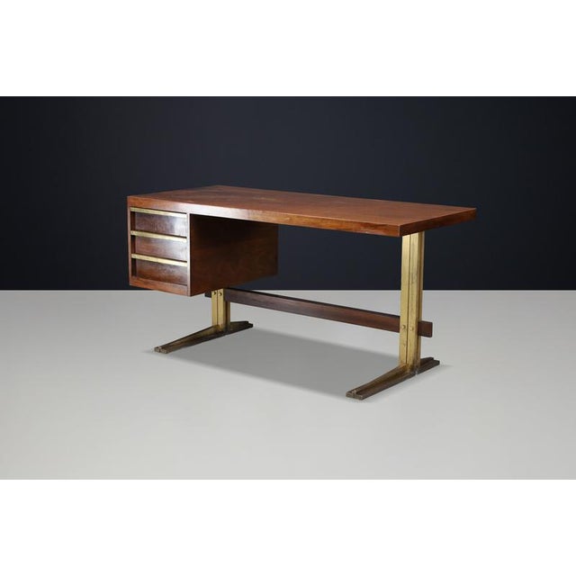 Italian Walnut Desk with Brass Base, Italy, 1950s For Sale - Image 4 of 18