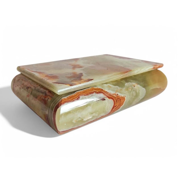 An absolutely gorgeous art deco medium size onyx box in several shades of natural greens and terracota colors. Featuring a...