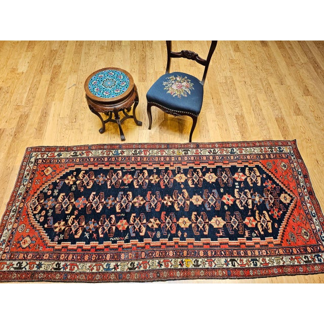 Vintage Persian Malayer Runner Rug, Hand-Knotted Wool, Geometric Pattern, 4x9, Navy & Red For Sale - Image 11 of 12