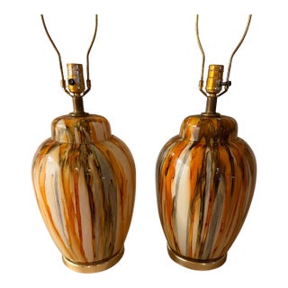 1960s Mid Century Large Drip Glaze Ginger Jar Lamps - a Pair For Sale