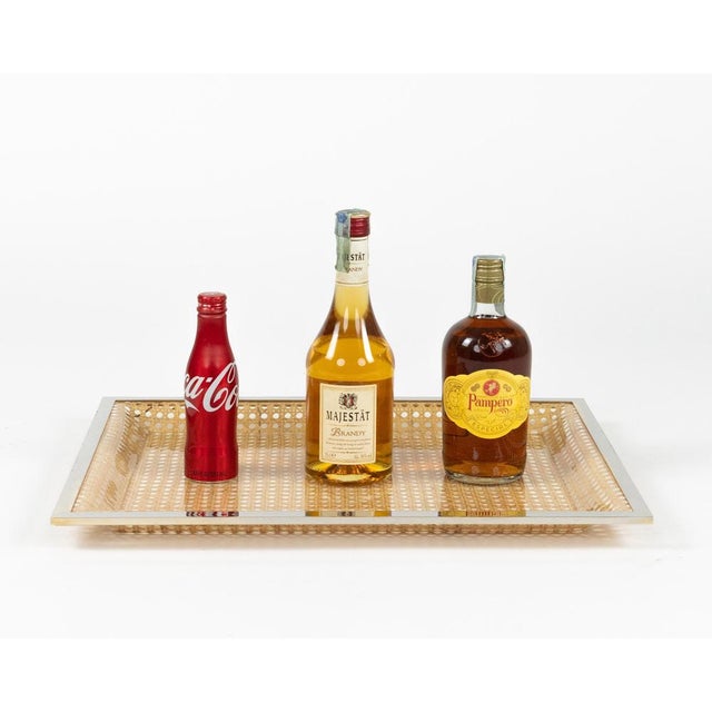 Mid-Century Modern Vintage Serving Tray in Rattan and Chrome from Christian Dior, 1970s For Sale - Image 3 of 16