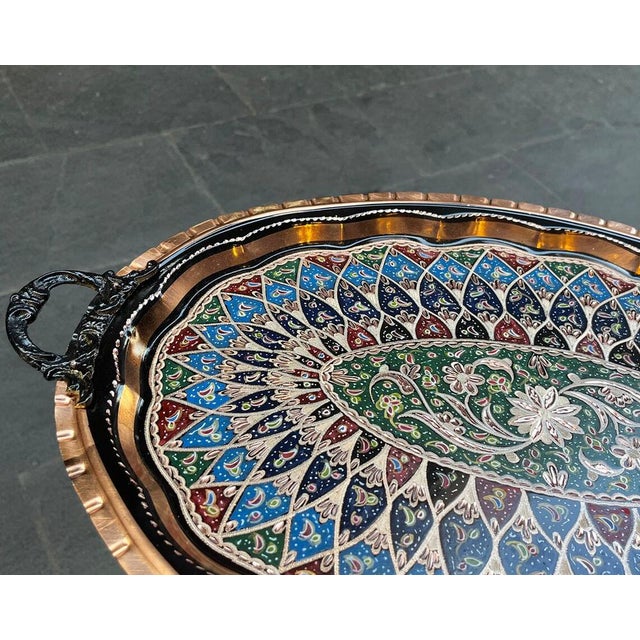 Hand Carved Colorful Copper Serving Tray with Handles For Sale - Image 5 of 11