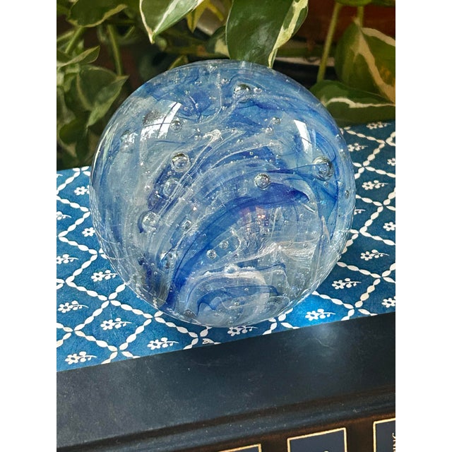 Murano Vintage Murano Art Glass Paperweight Blue & White Swirl Ribbon Controlled Bubble For Sale - Image 4 of 6