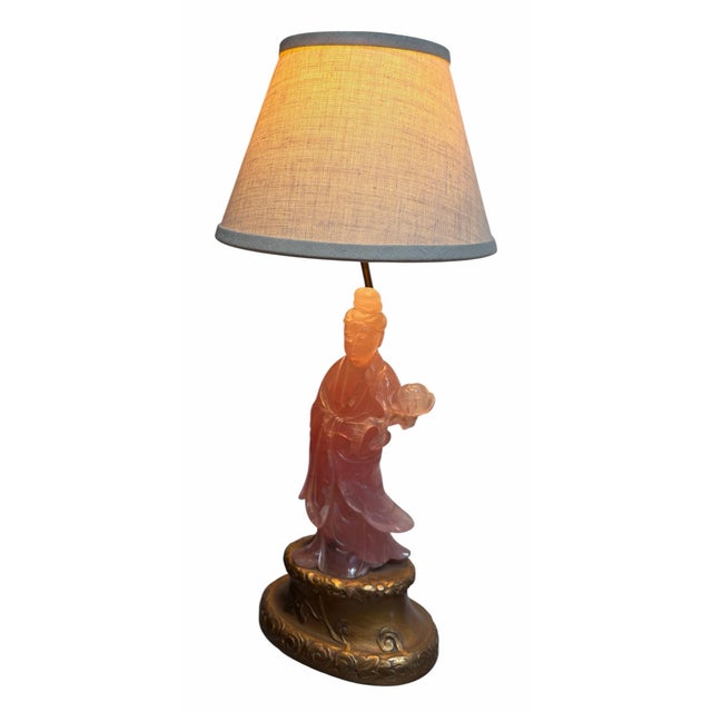 1920s Antique Chinese Rose Quartz Goddess Sculpture Designer Table Lamp For Sale - Image 5 of 6