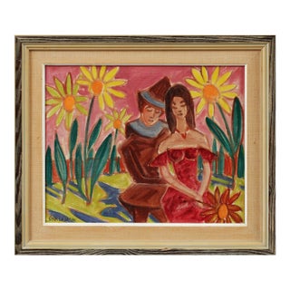 Mid 20th Century Danish Oil Painting "Embracing Couple" by Erik Larsen For Sale