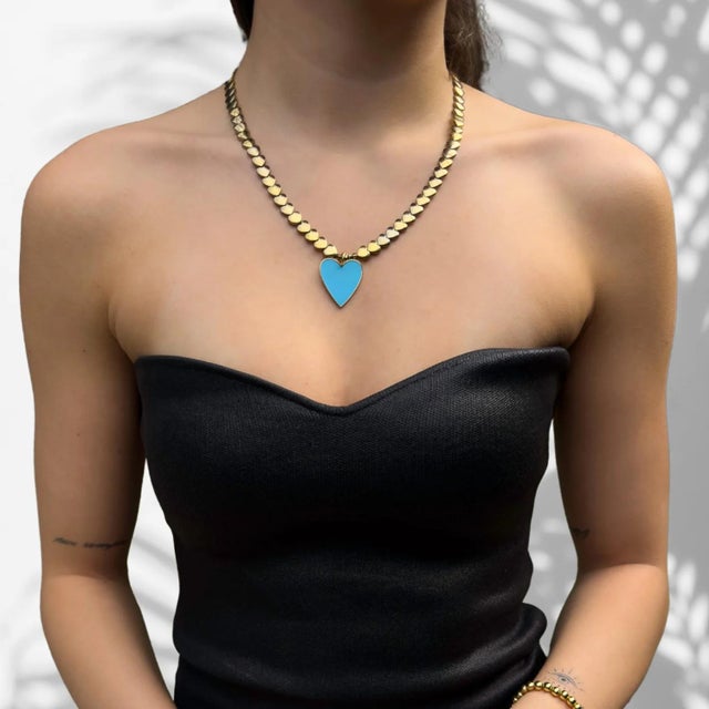 Calmness Blue Heart Pendant Gold Heart Beaded Necklace For Sale - Image 4 of 8