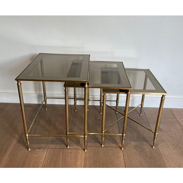 1940s 1940s Neoclassical style brass nesting tables. French work by Maison Jansen. For Sale - Image 5 of 12