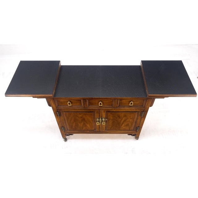 Brown Flip Top Drop Brass Pulls 3 Drawers Two Door Compartment Server Cabinet on Wheel For Sale - Image 8 of 12