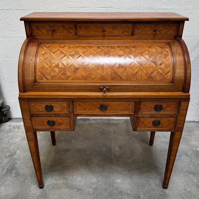 Stunning marquetry roll-top secretary desk - timeless charm. French Furniture Be captivated by this magnificent roll-top...