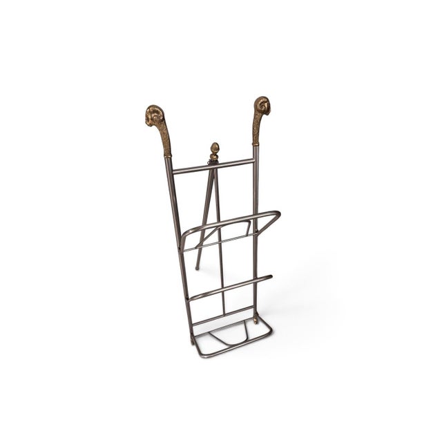 Vintage Italian Satin Steel & Brass Ram’s Head Folding Magazine Rack, Maison Jansen Style, Italy For Sale In Houston - Image 6 of 8