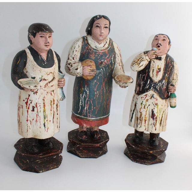 VTG Large French Street Vendor Statues, Wood & Plaster, 16-18" High, Unique! For Sale - Image 4 of 8