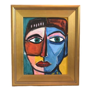 Bold Picasso Style Man Portrait Painting Including the Antiqued Gold Wood Frame For Sale