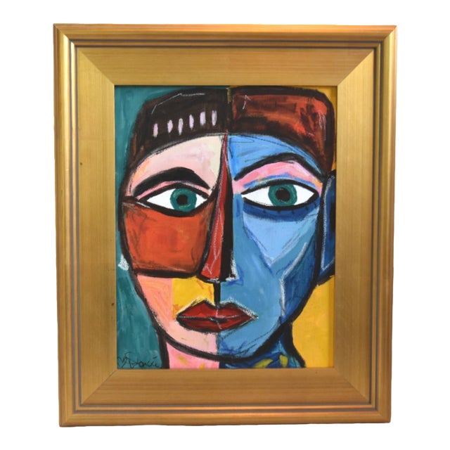 Bold Picasso Style Man Portrait Painting Including the Antiqued Gold Wood Frame For Sale
