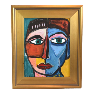 Bold Picasso Style Man Portrait Painting Including the Antiqued Gold Wood Frame