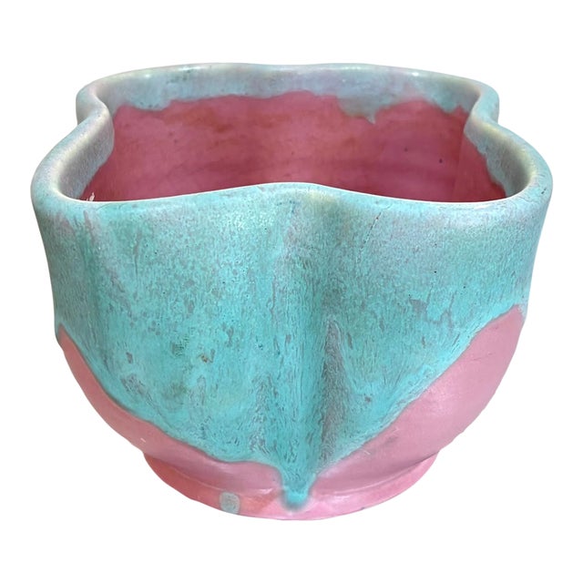 Midcentury Pink/Blue Drip Small Pottery Bowl For Sale