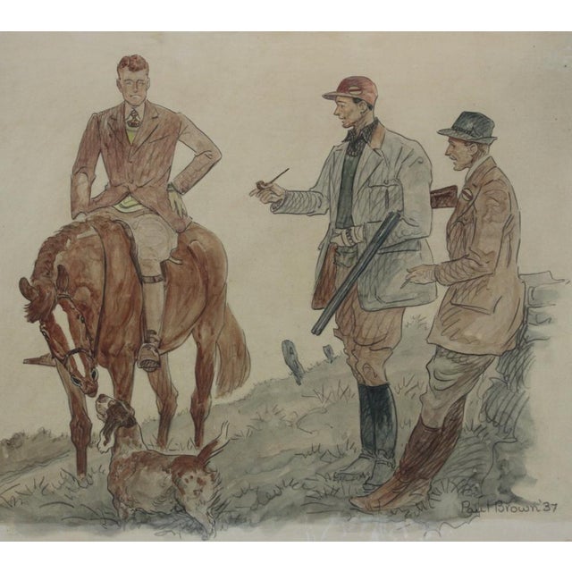 1930s Hunters & Hound Watercolour & Ink on Paper '1937 by Paul Desmond Brown For Sale - Image 5 of 6